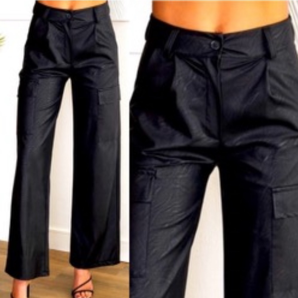 NEW CLASSY WIDE LEG FAUX LEATHER CARGO PANT BLACK - Picture 4 of 7